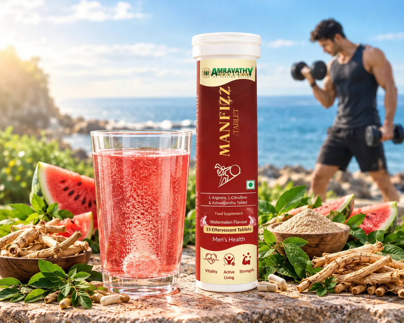 Manfizz Men’s Health Tablets | Energy, Stamina & Vitality Support | Watermelon Flavour (15 Effervescent Tablets)